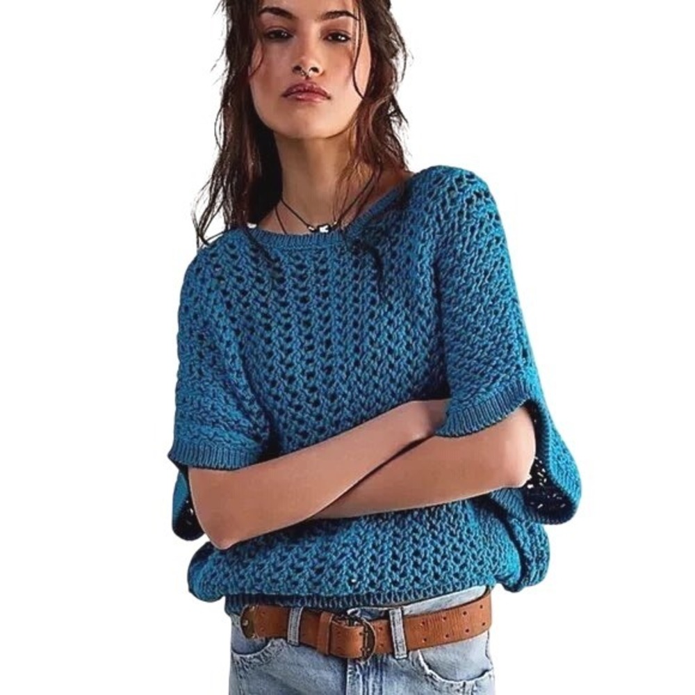 Free People We The Free Sophia Sweater Tee Ocean Palace Blue Cropped Knit XS NWT